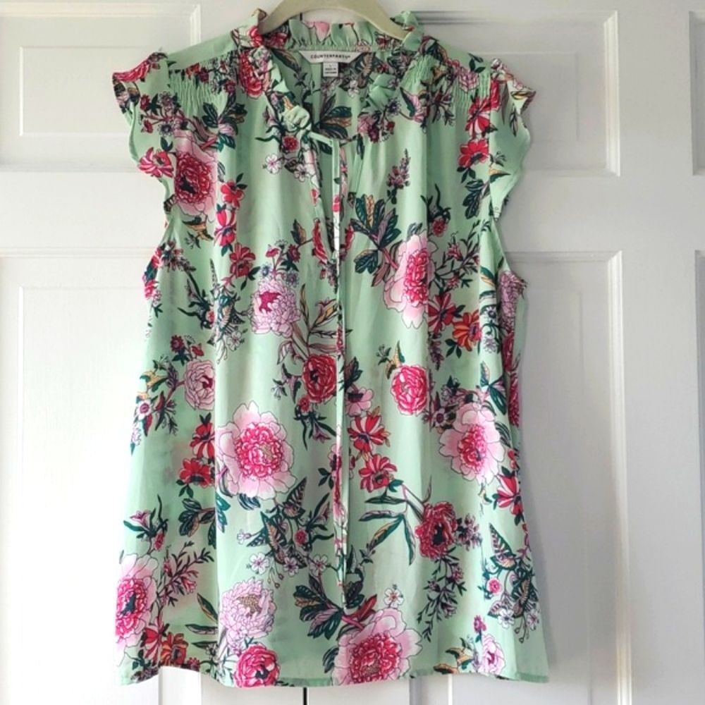 COUNTERPARTS GREEN PINK SLEEVELESS RUFFLE SMOCKED FLORAL TOP BLOUSE SIZE LARGE